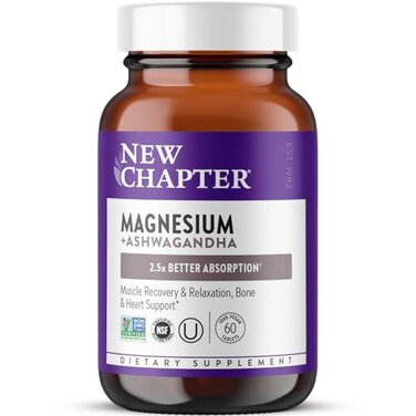 New Chapter Magnesium, Magnesium + Ashwagandha Supplement, 2.5X Absorption, Muscle Recovery, Heart &amp; Bone Health, Calm &amp; Relaxation, Gluten Free, Non-GMO - 60 Ct