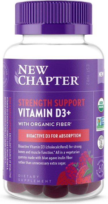 New Chapter Organic Vitamin D3+ Gummies &ndash; 72% Less Sugar, 1, 000 IU USDA Organic Vitamin D, One Daily Gummy For Strong Bones &amp; Muscle Function, Non-GMO, Gluten Free, Mixed Berry Flavored, 60Ct