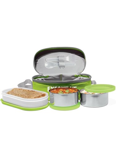 MILTON 6-Piece Lunch Box Set with Insulated Bag &amp; Cutlery - Includes Microwave Safe Oval Plastic Container (500ml) &amp; 2 Stainless Steel Containers (280ml Each), Keeps Food Hot - Executive- Green