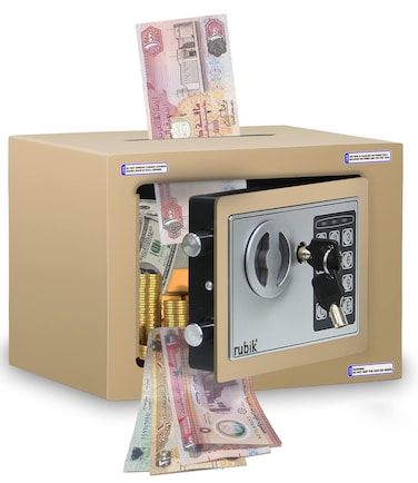 Rubik Mini Cash Deposit Drop Slot Safe Box with Key and Pin Code Option (Gold)
