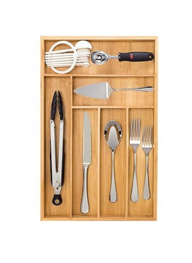 Silverware Drawer Organizer &ndash; Large Bamboo Kitchen Flatware Drawer Organizer Divider, Cutlery and Utensil Holder Tray with 6 Compartments &ndash; 43 x 30 x 4cm