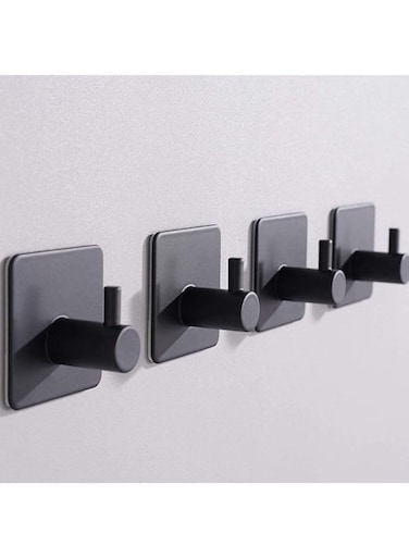 Strength 4-Pack Stainless Steel Adhesive Hooks - Holds up to 10kg, Ideal for Towels, Coats, Bathroom or Door Storage - Black Finish