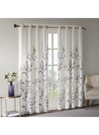 Madison Park Cecily Semi Sheer SINGLE Panel Window Curtain Burnout Botanical Print, Easy To Hang, Fits up to 1.25" Diameter Rod, 50x84", Leaves Grey