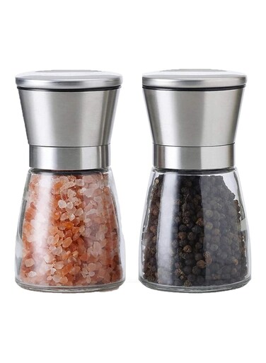 TIME Salt and Pepper Grinder Set ,Stainless Steel Adjustable Ceramic Grinder, Refillable Salt &amp; Peppercorn Mills, 2-Pack Shakers for Sea Salt, Black Pepper, Chili