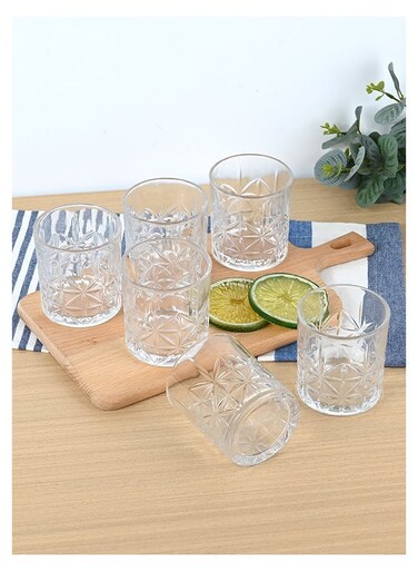 Embossed Old Fashioned Whiskey Glasses - Durable 300ml Glass Tumbler for Cocktails, Water, Juice, Beer, Wine-Special Edition Glassware Set, Dishware, Dishwasher Safe