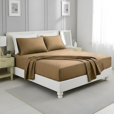4-Piece Striped Microfiber Bedding Collection - Beige Twin Set