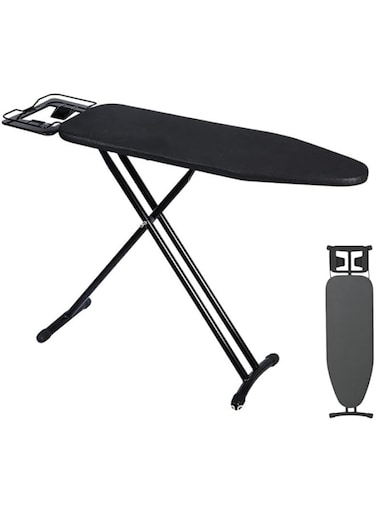 Kameety 110x30cm Ironing Board, Folding Ironing Stand with Jumbo Iron Rest, Heavy Sturdy Metal Frame Legs Iron Stand, Ironing Board with Heat Resistant Cover for Home Laundry Room or Dorm Use (Black)