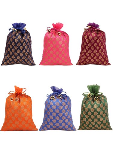 Touchstone Drawstring Bags Traditional Indian Handcrafted in Mimosa leaf Pattern Brocade fabric. Perfect for Gifts Jewelry Weddings Sweet Distribution Set of 6 Vibrant Multicolor Pouches Purses.