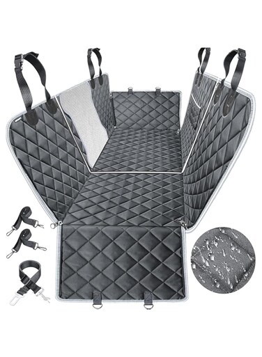 3Clock 6-in-1 Dog Car Seat Cover for Back Seat, Waterproof Dog Car Hammock 40/60 Split Dog Seat Cover with Mesh Window and Side Flap Pets Car Seat Protector Dog Backseat Cover for Car, SUV