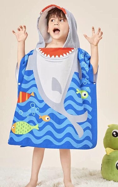 Cutie cute Kids Hooded Beach Swim Pool Bath Towel Poncho for Age 4-10 Years Multi-use - Shark small