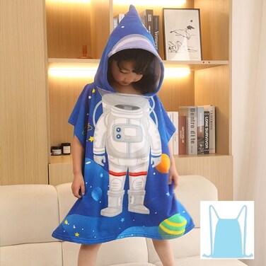 Cutie cute Kids Hooded Beach Swim Pool Bath Towel Poncho for Age 4-10 Years Multi-use - Astronaut large with Drawstring Bag
