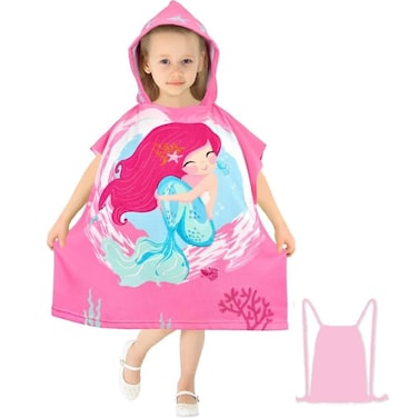 Cutie cute Kids Hooded Beach Swim Pool Bath Towel Poncho for Age 4-10 Years Multi-use - Mermaid large A with Drawstring Bag