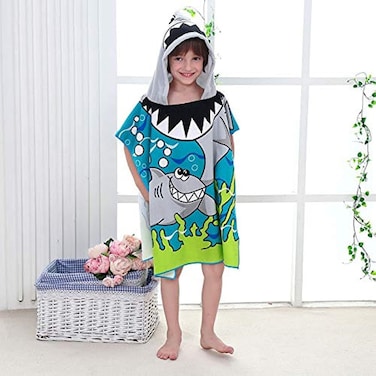 Cutie cute Kids Hooded Beach Swim Pool Bath Towel Poncho for Age 4-10 Years Multi-use - Shark large B