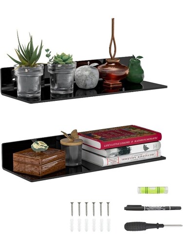38 Cm Black Acrylic Wall Shelves, Pack Of 2, L Shape Acrylic Floating Shelf