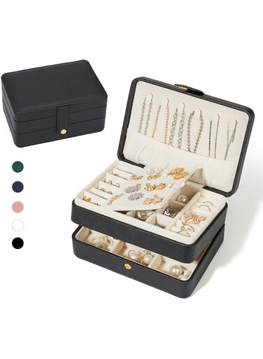 BUTI4WLD Travel Jewelry Box, PU Leather Small Jewelry Organizer for Women Girls, 2 Layers Portable Travel Jewelry Case for Stud Earrings, Rings, Necklaces, Bracelets (Black+Small)