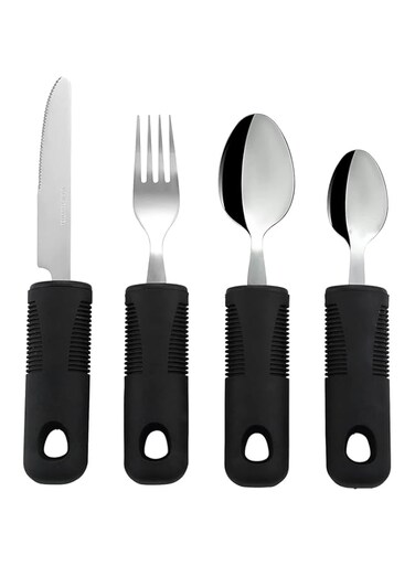 Excefore 4 Piece Adaptive Utensils Set, Wide Weighted Non-Slip Handles for Kids Elderly Disabled Arthritis Parkinson's Disease Tremors &amp;Weakened Grasp (Stainless Steel Knife+ Fork+ Spoons)
