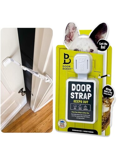 Door Buddy Adjustable Door Strap &amp; Latch. Easy Way To Dog Proof Litter Box No More Pet Gates Or Cat Doors. Convenient Cat &amp; Adult Entry. No Tools Installation. Stop Dog Eating Cat Poop Today! (Grey)