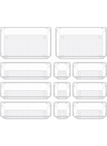 Piccasio Multi-Purpose Drawer Organizer Set, Different sizes clear Vanity Tray Organizers and storage Boxes, Clear Plastic Storage Bins for Makeup, Office, Kitchen and Bedroom (11 Pcs)