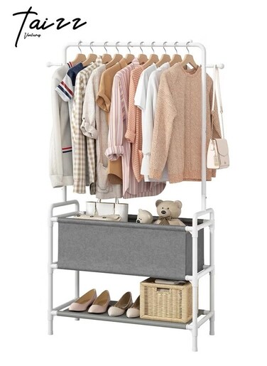 Clothing Rack with Storage Bag, 3-in-1 Garment Rack, Non-woven Shelves for Shoes, Clothes Rack for Bedroom, Hallway, Entryway - White