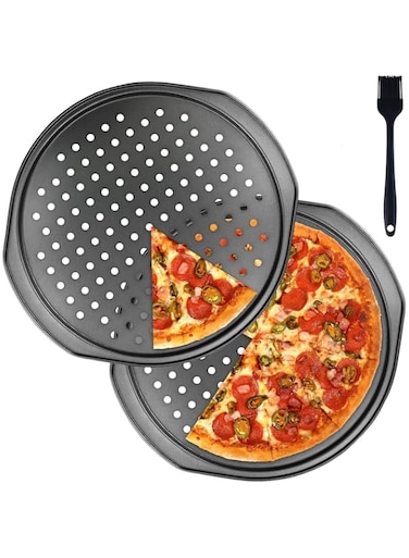 FDTY 2 Pcs 14 inch Pizza Trays for Oven, Non Stick with Holes, Carbon Steel Pizza Pans, Round Pizza Pan with Handle, Fridge and Freezer Safe