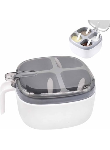 Tazweeq Spice Box with Lid and Spoon, 4 Compartment Spice Jar with Handle, Home Kitchen Spice Jar