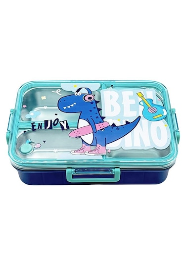 East Stainless Steel Bento Lunch Box, 3 Compartments, Leak Resistance, Durable, BPA Free, Eco Friendly, Dishwasher Safe, Ideal For School - Blue Dinosaur Pattern