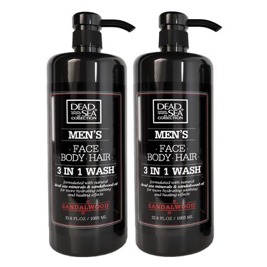 Dead Sea Collection 3 in 1 Body Wash for Men 鈥?Sandalwood Cleanser for Body, Hair and Face - Pack of 2 Bottles (33,8 Fl. Oz. Each)