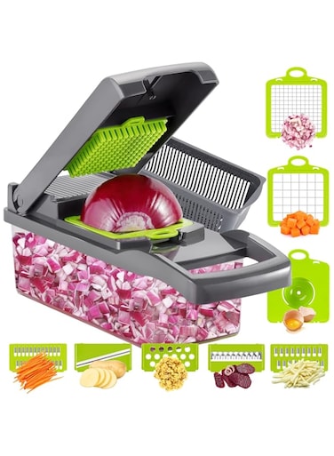 Ourokhome Vegetable Chopper, Onion Chopper, 12 in 1 Professional Mandoline Slicer for Kitchen, Multifunctional Food Chopper Cutter for Potato, Tomato, Veggie with 8 blades and Filter Basket (Gray)