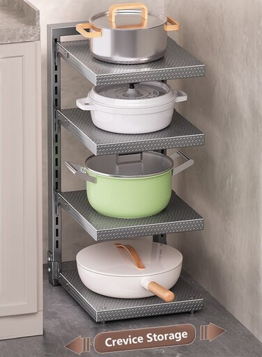 HOME GOODS Four-Layer Pot Rack, Honeycomb Non-Slip Board Surface, Thickened And Bold, Strong Load-Bearing Capacity, Adjustable Height, Suitable For The Corner Under The Countertop Sink, Single-Row Kitchen Storage Rack, Multi-Layer Cabinet Shelf, Independent Kitchen Countertop Pot Rack, Black