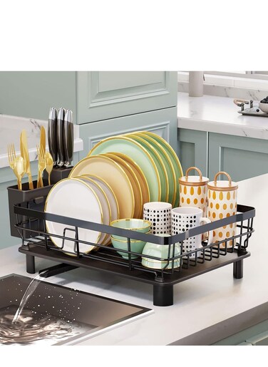 Iron Dish Drying Rack with Drainboard Dish Drainers for Kitchen Counter Sink Adjustable Spout Dish Strainers with Utensil Holder and Knife Slots