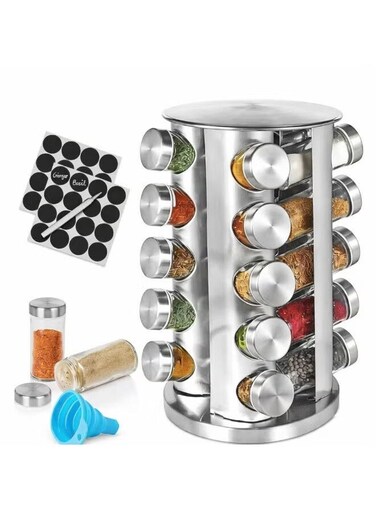 Revolving Spice Rack Organizer with 20 Glass Jars, Silver