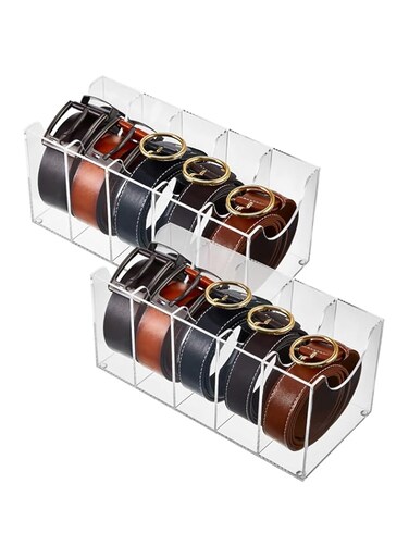 2 Pieces Belt Organizer Clear Acrylic Belt Storage Holder 5 Compartments Belt Display Case Bow Tie Organizer Belt Container Storage Holder for Men Closet Tie Bow Tie Watch Jewelry Cosmetics Makeup