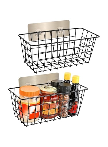 THE WHITE SHOP 2PCS 4.85&times;11inch Hanging Wall Basket Wire Storage Baskets, Adhesive Basket for Cabinet Door Organizer No Drilling, Sturdy Hanging Fruit Baskets for Kitchen (Color : Black)