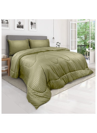 Linen Klub Down Alternative Comforter Set -Ultra Soft Brushed Stripe Microfiber Fabric, 200GSM Soft Fibersheet Filling, Size : Double 220 x 240cm , Color: Olive