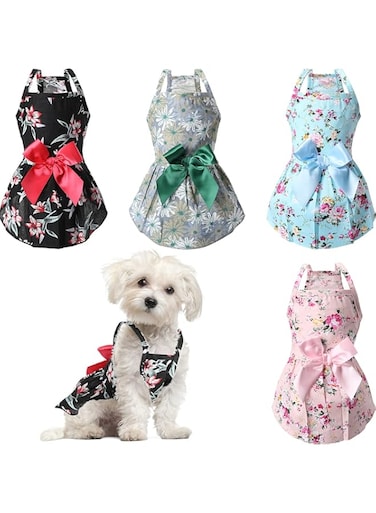 Frienda 4 Pieces Dog Bowknot Floral Dress Pet Princess Dress Dog Sundress Dog Princess Dress Puppy Summer Dress for Small Pets Dogs Puppy Cats(X-Small)