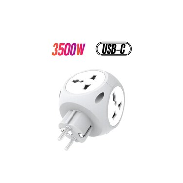 Multiport EU Travel Adapter, 4 Sockets, USB-A &amp; USB-C, 3500W, 16A