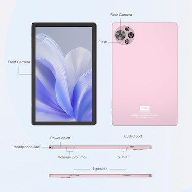 C idea CM10500 Plus 10.5" Tablet, Android 14, 8GB RAM 1TB ROM, Dual 5G LTE SIM, 2K 1200x2000 Display, 10000mAh Battery, Pink