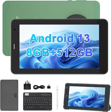 جهاز لوحي C idea CM518 Pro بشاشة 7 بوصة، أندرويد 13، معالج رباعي النواة، ذاكرة 8GB رام و512GB روم مع إمكانية التوسيع، كاميرا مزدوجة، شريحة اتصال، واي فاي، بلوتوث، قلم وحافظة، أخضر