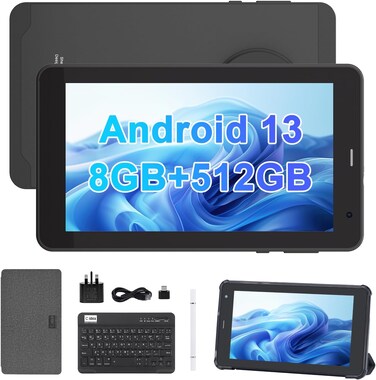 C idea CM518 Pro 7" Tablet, Android 13, Quad-Core, 8GB RAM 512GB ROM + Expandable Storage, Dual Camera, SIM, WiFi, Bluetooth, Stylus &amp; Case, Black