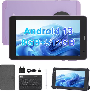 C idea CM518 Pro 7" Tablet, Android 13, Quad-Core, 8GB RAM 512GB ROM + Expandable Storage, Dual Camera, SIM, WiFi, Bluetooth, Stylus &amp; Case, Purple