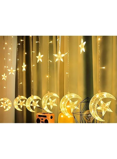 Festive Lights - Crescent Moon with Star Curtain Lights - LED Decorative Lighting for Eid &amp; Ramadan Home D&eacute;cor