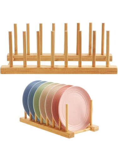 HonGien 2-Piece Bamboo Wood Dish Drainer Rack - Dish Rack for Bowls, Tableware, Cups, Chopping Board, CD, Books