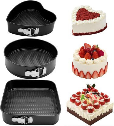 Springform Pan Cake Baking Mold, Set of 3 (Heart 9 inch, Round 10 inch and Square 11 inch) Carbon Steel Non-Stick Leakproof Spring Form Cake Tin Cheesecake Pans with Removable Bottom, Black