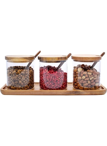 Stephanie Imports Set of 3 Glass Condiment Spice Jars With Bamboo Lids, Spoons and Tray