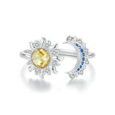 S925 Sterling Silver Platinum-plated Sun Moon Adjustable Open Ring(BSR546-E)