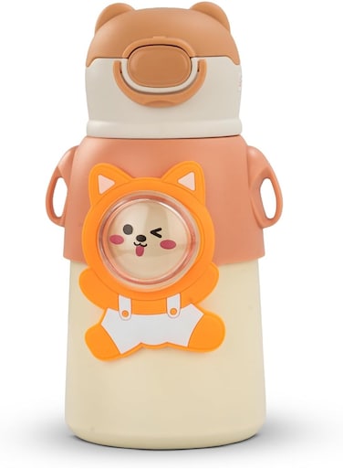 Stainless Steel Kids Water Bottle - Leak Proof, Vacuum Insulated with Straw, BPA Free, Hot &amp; Cold Drink Flask, Food Grade Steel, Portable with Strap, 520ml (Orange)