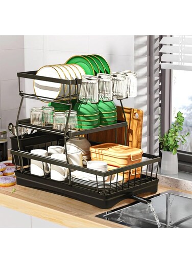 Dish Rack, 3 Tier Dish Drying Stand with Drain Board, Dish Drainer for Kitchen Organization, Detachable Large Capacity Dish Drainer Organizer