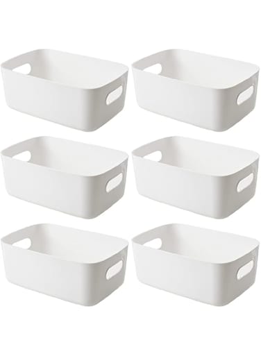 ASNUHIO Plastic Samll Storage Basket,Small Pantry Organizers and Storage Containers,Pantry Storage Bins,Shelf Organizer Bins,Small Plastic Basket,Kitchen Storage Box with Handles(6Pack-24.5x16x10cm)