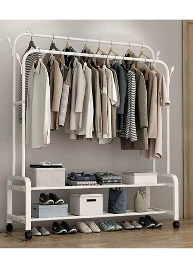 Metal Clothes Hanger Organizer and White Stand with Wheels 110x55x150 cm