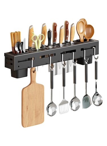 Space Aluminium Kitchen Storage Rack With Hooks Kitchen Mug Storage Tools Kitchen Utensil Holder Wall Mounted No Drilling Kitchen Organizer